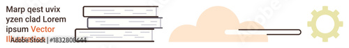 Education, online learning, technology, digital resources, knowledge sharing, innovation. Stack of books, cloud illustration and gear icon. Education and online learning concept