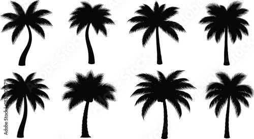 Set of eight black silhouette palm tree icons with different shapes