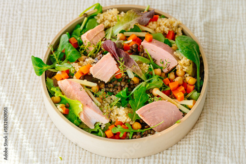 Bowl of salad with tuna steak