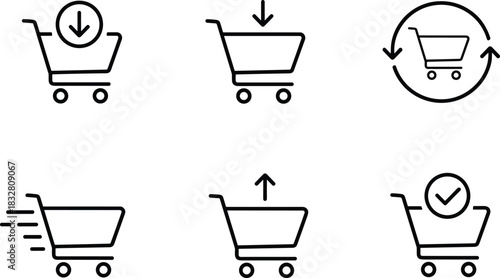 A comprehensive set of eight small line-art vector icons representing various commercial shops, stores, and retail building facades, suitable for app interfaces.