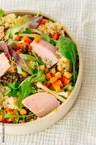 Bowl of salad with tuna steak