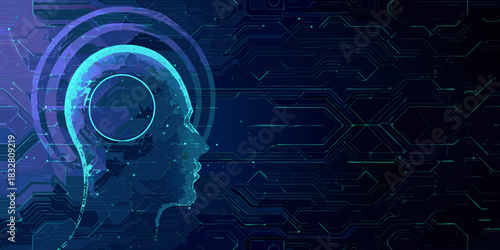 Artificial intelligence head with circuit board background for technology concepts