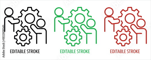 Teamwork connecting gears for business solutions in black, green, and red, showcasing collaboration and efficient processes, editable stroke.