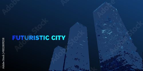 Abstract futuristic cityscape with tall buildings and dark blue background