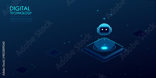 Futuristic robot head hovering above a platform in a digital world