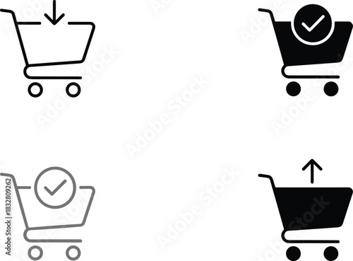 A set of four vector icons representing shopping cart actions including adding items, checkout confirmation, and item removal in line art and solid glyph styles.
