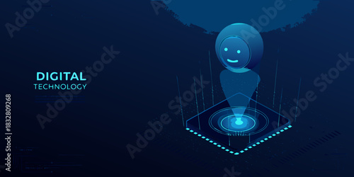 Digital technology concept with holographic robot and platform in blue