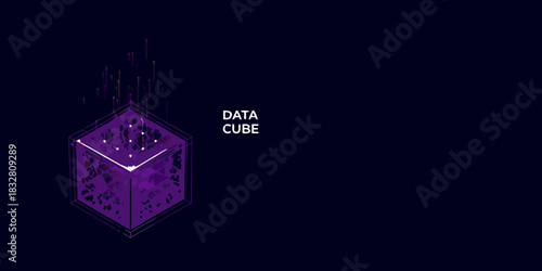 Abstract data cube visualization with ascending lines on dark background