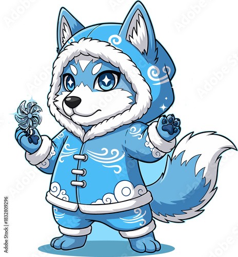 Cute Cartoon Wolf in Winter Outfit Holding a Snowflake A Playful Design for Winter