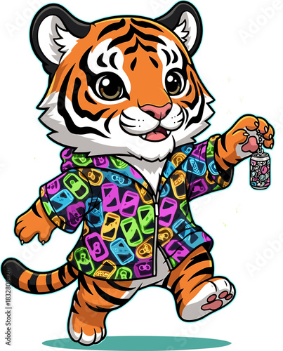 Vibrant cartoon tiger mascot in a psychedelic-patterned hoodie, playfully holding an urban-style energy drink can, embodying a youthful street art aesthetic
