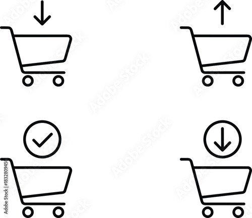 A set of four minimal line art vector icons representing shopping cart actions: adding, removing, confirmation checkmark, and clearing for e-commerce interfaces.