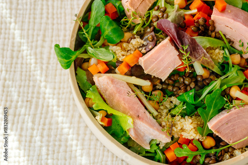 Bowl of salad with tuna steak