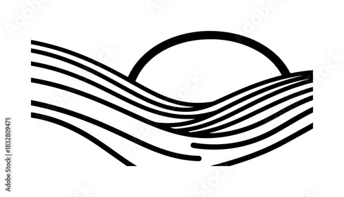 Minimalist sunrise over ocean waves logo design for branding serenity