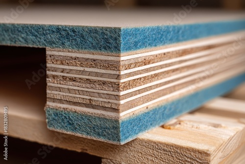 Cross-section of multi-layered engineered wood with blue felt insulation