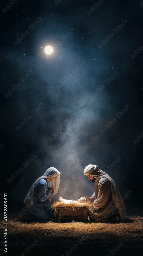Fototapeta premium Nativity scene at night with Mary and Joseph beside the baby in a manger under moonlight