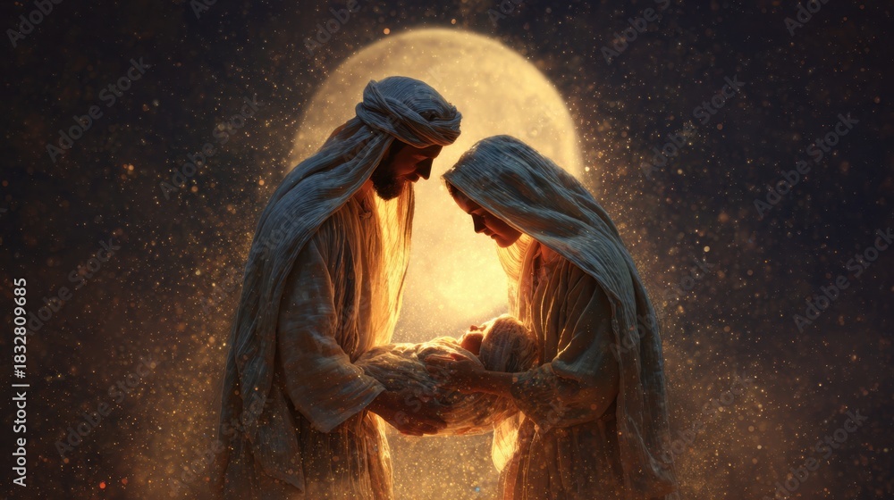 Obraz premium Nativity scene: parents cradle infant under a glowing full moon