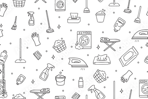 Seamless vector pattern featuring black and white illustrations of cleaning tools like mops