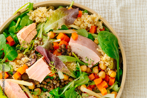 Bowl of salad with tuna steak