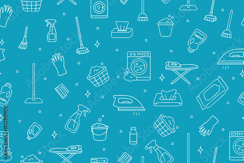  Seamless blue pattern featuring various cleaning tools such as vacuum, mop, washing machine, and detergent in simple vector illustration style, perfect for home care themes.