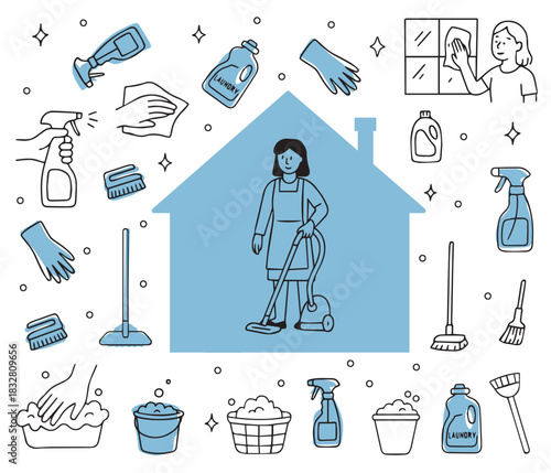 Vector illustration showing a woman vacuuming inside a house surrounded by cleaning tools and supplies.