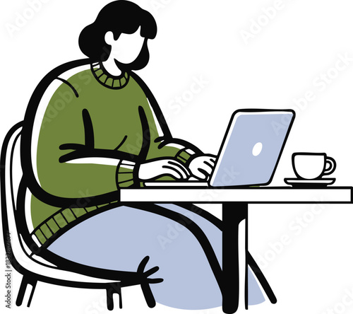 Enjoy a productive day with a woman working from home on her laptop, sipping coffee and staying focused in a modern, minimalist space perfect for digital nomads