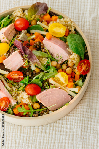 Bowl of salad with tuna steak