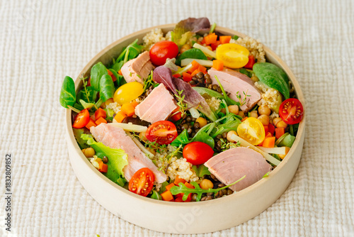 Bowl of salad with tuna steak