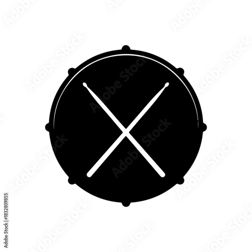 Bold drum kit logo with crossed drumsticks for music brand identity