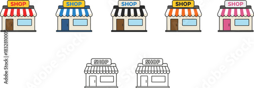 A colorful set of four different flat design vector shop illustrations, featuring awnings, clear windows, and signage for commercial retail concepts.