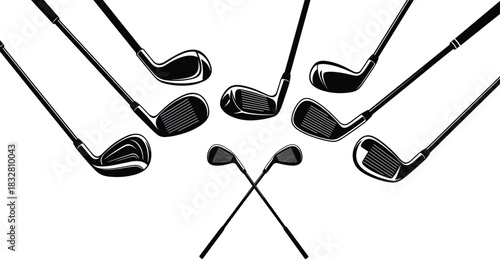 Collection of detailed black golf club illustrations arranged in a stylish pattern, showcasing various club heads and equipment designs for sports graphics