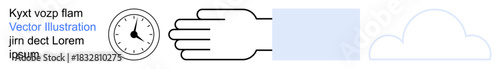 Time management, digital interaction, data exchange, conceptual workflow, digital technology, networking. Clock, hand reaching forward cloud icon. Time management and digital interaction concepts