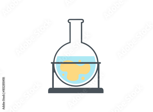 Round Bottom Laboratory Flask Containing Yellow Liquid and Bubbles on a Stand Flat Design Style