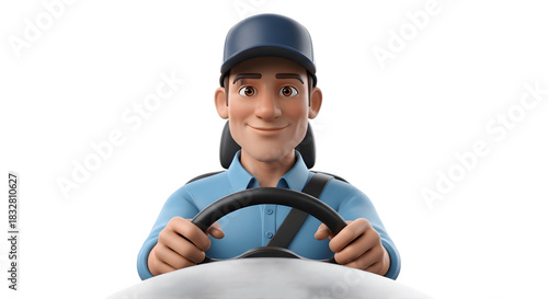Smiling Delivery Person Driving a Vehicle with Hands on Steering Wheel.
