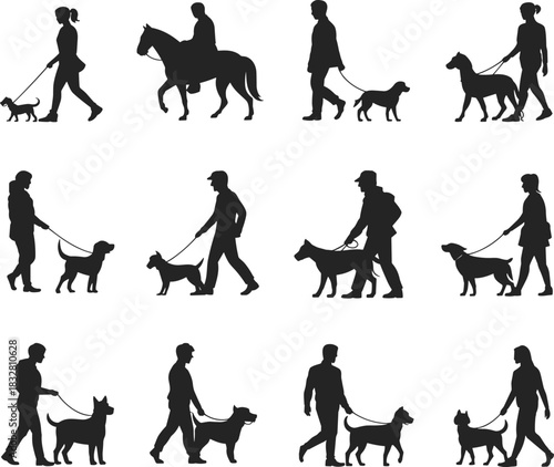 Collection of diverse silhouettes of people walking dogs and riding a horse, showing outdoor pet activities, lifestyle scenes, and animal companionship