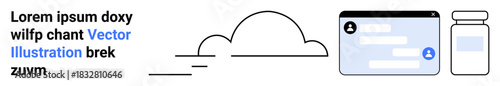Cloud technology, online messaging, telehealth, digital communication, healthcare, data storage. Minimal outline of a cloud, chat interface and medicine bottle. Cloud technology and online messaging