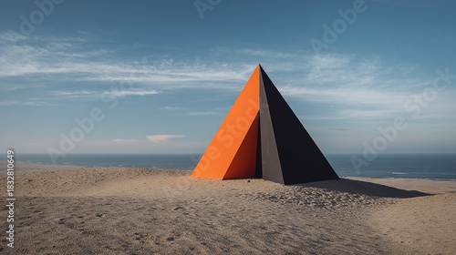 Abstract pyramid art installation on a sandy beach with ocean backdrop