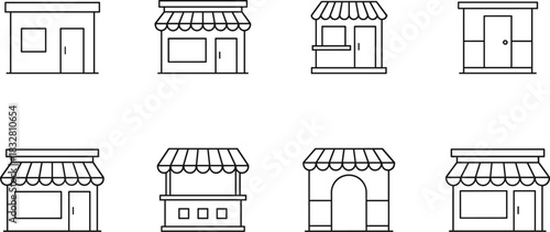 A comprehensive set of eight small line-art vector icons representing various commercial shops, market stalls, and simple retail building facades for interfaces.