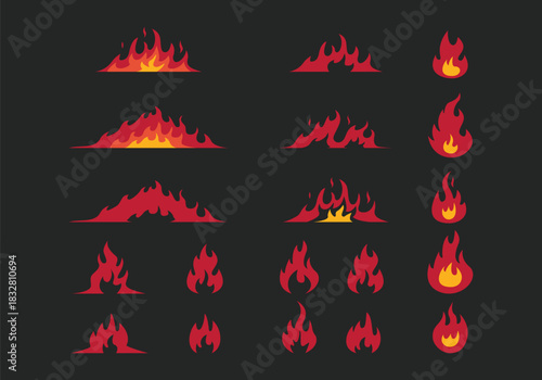 Set of flat fire flames and red crimson wildfire illustration vector in any shape and size for design element