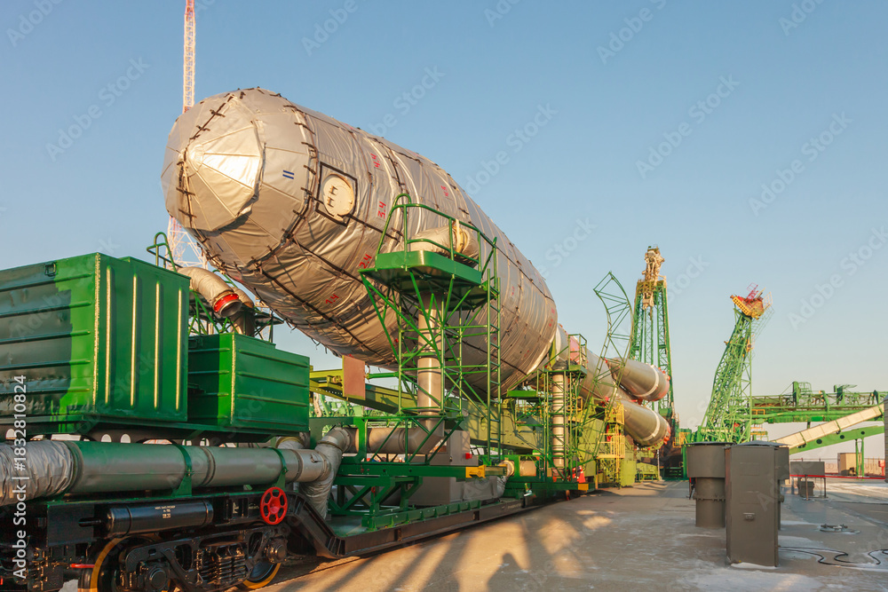 Fototapeta premium Transportation of a space rocket to the launch site on a special railway platform.