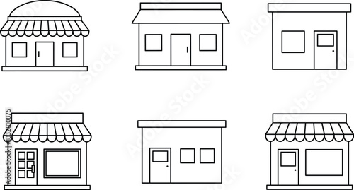 A collection of six small commercial shop or storefront icons rendered in clean, minimal black and white outline vector art for retail locations.