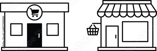 A pair of line art vector icons depicting two styles of supermarket or grocery stores, one with a cart symbol and the other a basket.