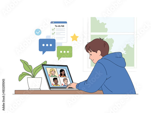 Illustration of a child engaged in remote learning, connecting with peers through a virtual classroom on a computer