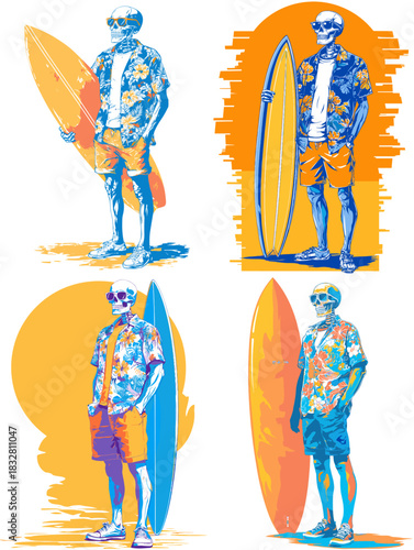 Vibrant retro illustration of a skeleton surfer holding a surfboard in tropical summer clothing. Bold colorful artwork capturing beach culture, ocean lifestyle and carefree adventure.