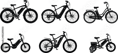 Collection of electric bicycle silhouettes showing various e-bike models including mountain, commuter, kids, and tricycle designs for versatile graphic projects
