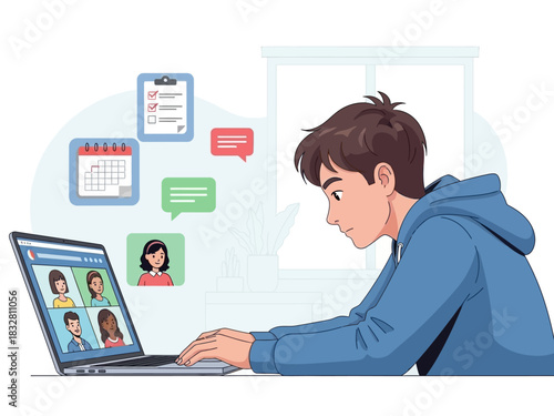 Young man engaging in a vibrant virtual video conference, connecting with diverse colleagues or classmates for online learning and collaborative digital work from home