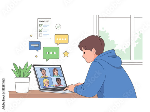 Illustration of a young person attending an online class or meeting, interacting with colleagues and classmates via video conference on a laptop