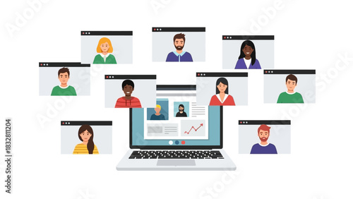 Diverse group of people attending a virtual meeting via laptop and video conferencing technology