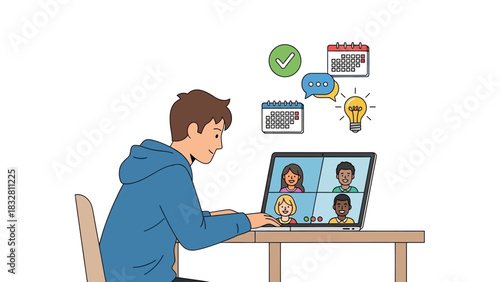Teenager participating in a remote video conference meeting, illustrating the modern concept of e-learning and digital communication