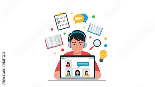 E-learning and online education concept with a student attending a virtual classroom webinar on a laptop