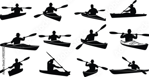 Collection of kayaker silhouettes paddling in various positions, outdoor water sport activity illustrations perfect for adventure, recreation, travel, and design projects